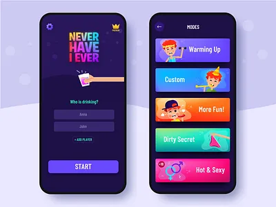 Never Have I Ever app category colorful design drinking flat design game game art gradient illustration logo menu mobile quiz ui ux vector
