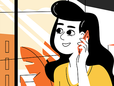 Woman on the phone character happy phone window woman