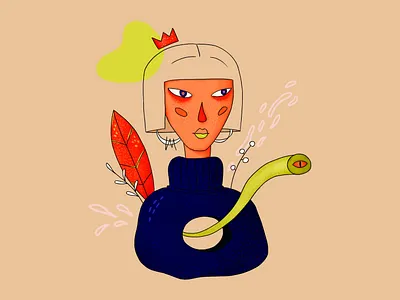 Snake Queen blue character design digital drawing girl character green illustration leaves orange portrait queen snake surreal texture wacom intuos