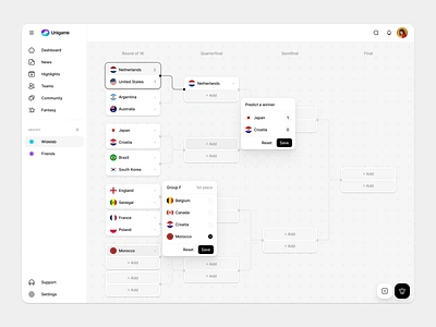 World Cup - Knockout Stage app cards championship clean dashboard design football knockout knockout stage light modern popover predictor soccer stage table ui ux web world cup