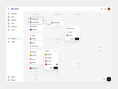 World Cup - Knockout Stage app cards championship clean dashboard design football knockout knockout stage light modern popover predictor soccer stage table ui ux web world cup
