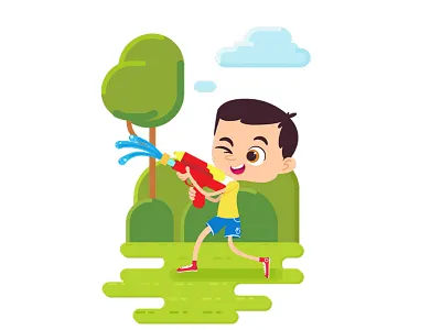 kid play water gun child flat design fun garden illustration illustrator kids illustration park play summer summer games vector water gun