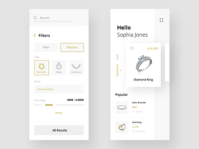 Jewelry app app clean design diamond dribbble flat gold icon illustration ios iphone jewelry luxury minimal mobile shop ui ux vector web