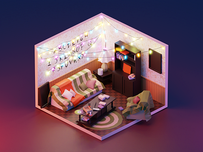 Stranger Things Living Room 3d blender design diorama fanart illustration interior isometric living room low poly lowpoly lowpolyart model render stranger things