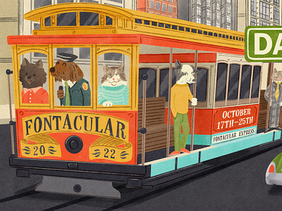 Fontacular 2022 - Newsletter Day 1 2d book children digital painting dogs fontacular illustration mid century monotype myfonts pets procreate retro specimen street car train trolley type typography
