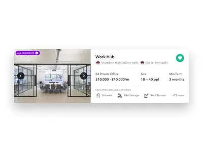 Horizontal Listing Card arrows card carousel facilities favourite icons image gallery label listing location price search shortlist tile