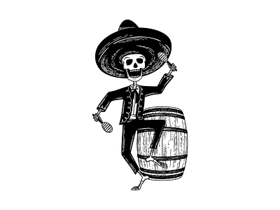Hard Way Cider Illustration—Loco Blanco anejo barrel black and white branding cider dancing day of the dead hard cider illustration label label design maracas mariachi mariachi band packaging packaging design skeleton tequila wood cut