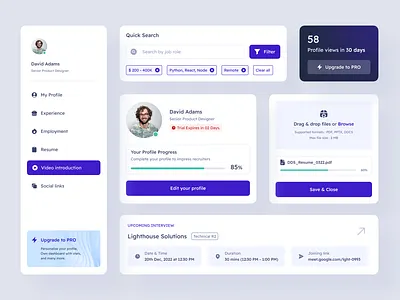 Job UI Components cards clean ui file upload filters jobs profile profile progress search filter sidebar stats subscription upgrade upload