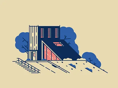 House On The Hill architecture graphic design grass house illustration line minimal modern retro road simple trees windows