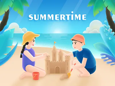 Summertime beach boy child coconut tree gril illustration pile of sand play sea summer