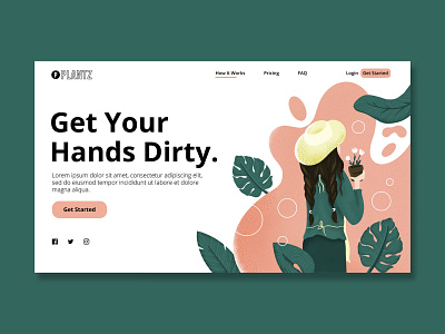 Plantz design girl hat illustration landingpage layout leaves plants pot procreate typography ui