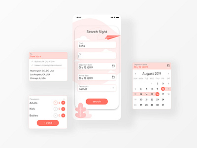 Flight Search app booking booking details calendar dailyui dailyui068 dates departure destination flight flight booking passengers picker search text fields ui