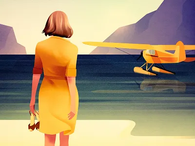 Seaplane - Personal work landscape mountains plane sea woman yellow