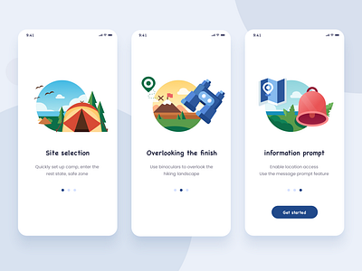Based on the hiking application Splash activities brand icons illustraion map massage mobile app shapes splash splash page telescope tent tip ui ux visual