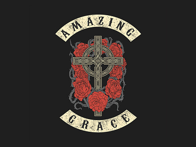 Amazing Grace akhzart badge band brand branding celtic christ clothing cross design graphic design illustration logo merch rose vector