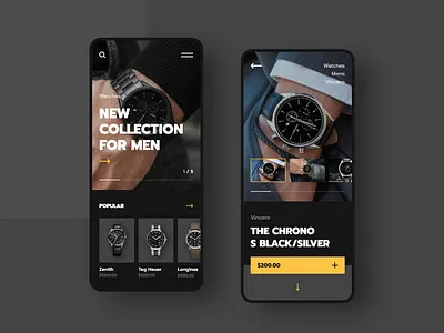 #48 Shots for Practice android app application black ecommerce elegant flat iphone luxury minimal mobile phone shop smartphone store ui ux watch watches yellow