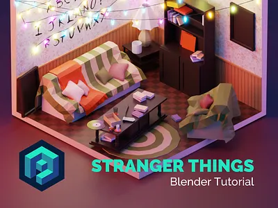 Stranger Things Tutorial 3d blender byers design diorama fanart illustration interior isometric living room low poly lowpoly lowpolyart model render stranger things tutorial