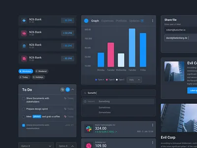 Finance Dark UI Components 🌚 app blue clean components corporate dailyui dark dark mode design system exploration finance finance logo fintech flat interface payment sketch ui ux webapp