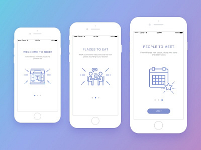 Rice @ Onboarding app blue eat eater eatr icons iphone meet minimalist purple purple gradient rice social social app social media ui white