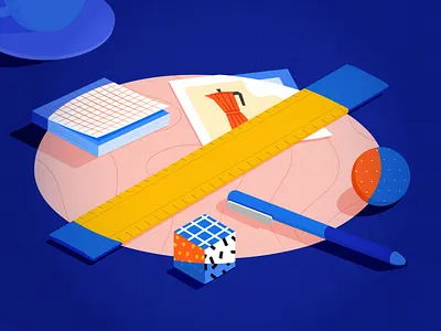 My desk 80s blue coffee flat colour grain grid isometric light memphis notepad orange pattern pen photoshop pink ruler spotlight still life yellow