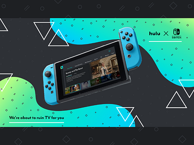 Hulu Redesign - Nintendo Switch Poster advertisement application blobs branding colorful design geometry gradient hulu marketing media mockup nintendo portable poster redesign shapes switch video game console visual design