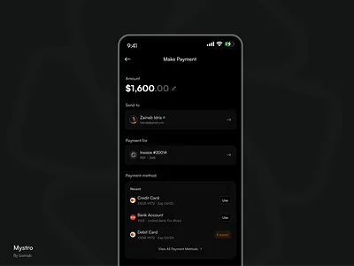 Mystro - Make Payments. app darkmode figma financial fintech invoice mobile app payment send money transfer ui ui design uiux