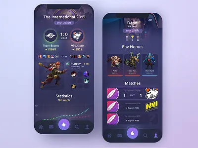 Tournament Statistics app colorful dark dota game game design games gradient gradients graphics iphone lights mobile app mobile design mobile ui modern night statistics ui ux