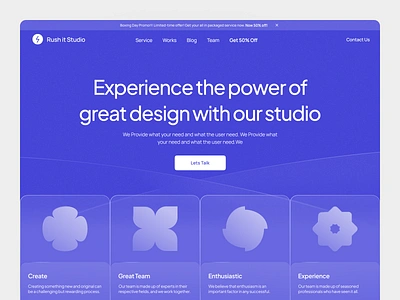 Rush it Studio - Landing Page blue clean client cta design studio footer fun glasses graphic design landing page minimalist modern portofolio product service shape simple web web design website