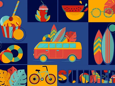 Summer ball bicycle bus colors flowers ice cream illustrator journey leaves palm sea sophie tsankashvili summer sun sunglasses travel trip vector wallpaper watermelon