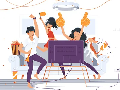Football fans in front of tv cheer fans flat football happy illustration important kit8 match vector watch