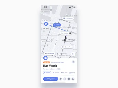 Location-based Job Board Concept - Part 2 - 2.5D Map Mode apple maps cards design directions gesture google maps interaction ios iphone iphone x iphonex job job application mapbox ui unsplash user experience userinterface ux work