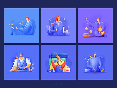 Six occupations blue conductor cook doctor fitness coach illustration man soft teacher trucker ui web