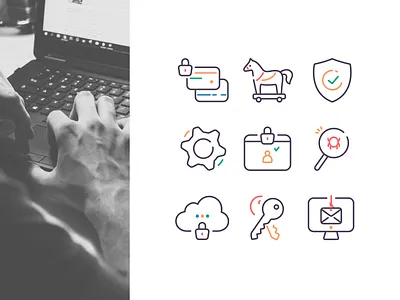 Cyber security icons bug computer crime cyber cybersecurity gear icons illustartion keys laptop lock protection security shield vector