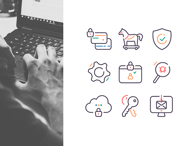 Cyber security icons bug computer crime cyber cybersecurity gear icons illustartion keys laptop lock protection security shield vector