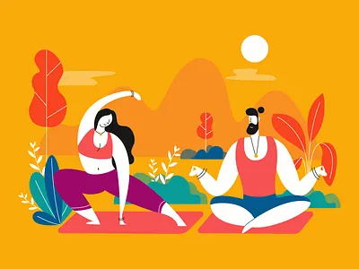 Yoga Practice Man And Woman Scene Illustration banner concept creative flat illustration man meditation outline scene vector woman yoga