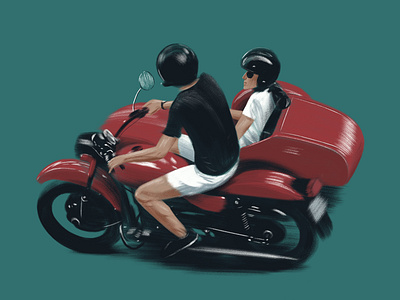Sidekick Season artwork barcelona bike brush couple design drawing holiday illustration motorcycle photoshop postcard poster sidecar travel travelling