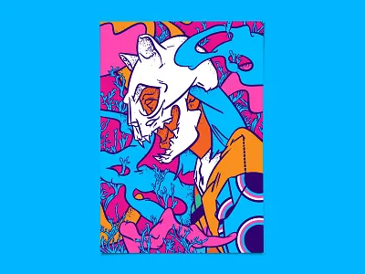 Cat's delight art print cat color palette illustration imagination mysterious pattern art pop art pop surrealism skull art woman illustration
