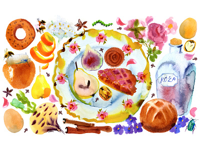 The History of Old Polish Cuisine baking food fruits illustration menu pastry veggies watercolor