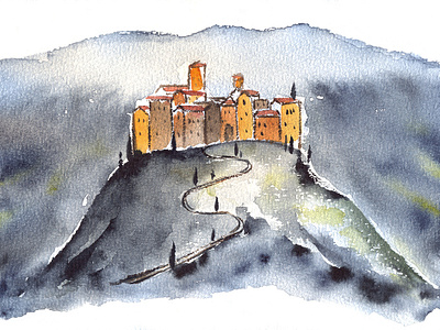 Tuscan Hill Town art brush cypress drawing hand drawn hill illustration italy landscape minimalism mountain paint painting primitivism road spring summer town tuscany watercolor
