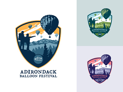 Adirondack Balloon Festival Branding adirondacks badge balloons brand brand design brand identity branding colorways event illustration logo logo suite mountains shield vector