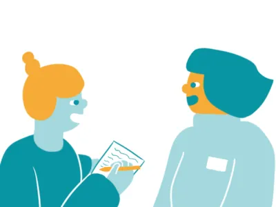 Interview asking design designer girl illustration listening notes question research survey surveys taking notes talking turqoise user interview user research ux research vector yellow