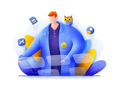 Product manager bird blue bright float illustration internet man operation panel plant soft ui web