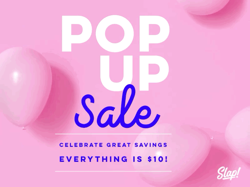 POP UP SALE | Sticker Vault adobe animate artwork ballons branding colorful design flyer gif gif animation illustration illustrator pink popup sale sales slap slaptastick stickers typography ui
