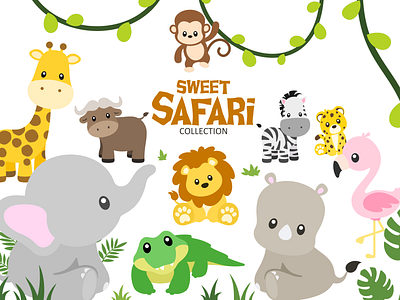 Sweet Safari Collection animals cute flat design illustration jungle safari vector