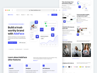 AdsFace - Automatic Scaling Social Media Landingpages ads ai analytic audiance automation automation platform chart component facebook ads growth impression landing pages management optimization reporting saas schedule social social media web design