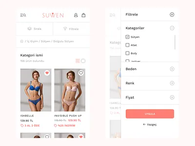 Suwen Redesign #2 | Product List & Filter app fashion filter lingerie mobile pink product product list underwear women
