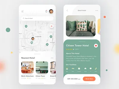 Hotel Search App apartment app booking card hotel house ios map mobile profile property real estate room search ui