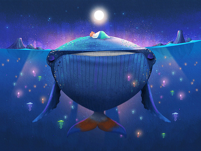Mawoo the Whale of the West animal blue calm concept art digital digital art fin flipper fluorescent friendship glowing humpback whale illustration jellyfish little lighthouse studio marine ocean sea wave whale