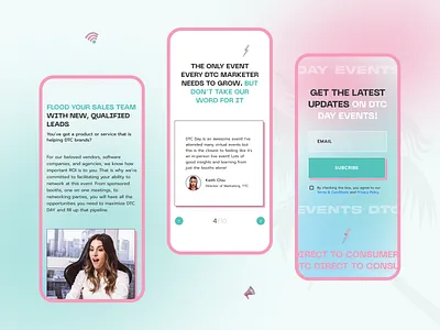 Mobile / Offline DTC conference website about conference cta dtc figma figmatowebflow form green heading onlineconference pink testimonials webflow webflowdeveloper webflowexpert