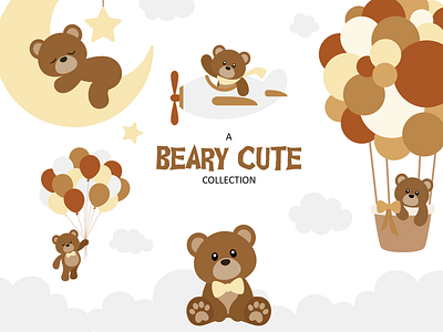 A Beary Cute Collection airplane animals balloons cute flat design illustration moon vector